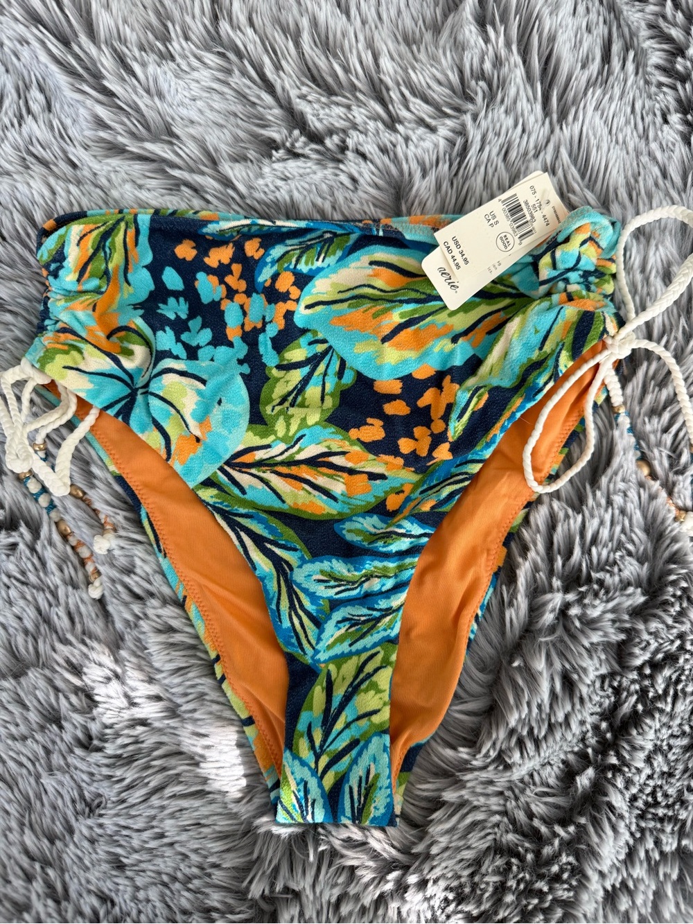 aerie Tropical Leaf Tie-Side Bikini Bottoms - Teal, Navy & Orange
